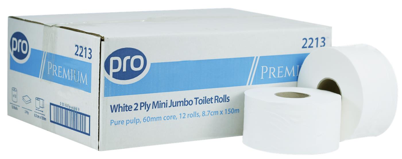 PRO Mini Jumbo 2 Ply White Toilet Tissue 150m (60mm core)
