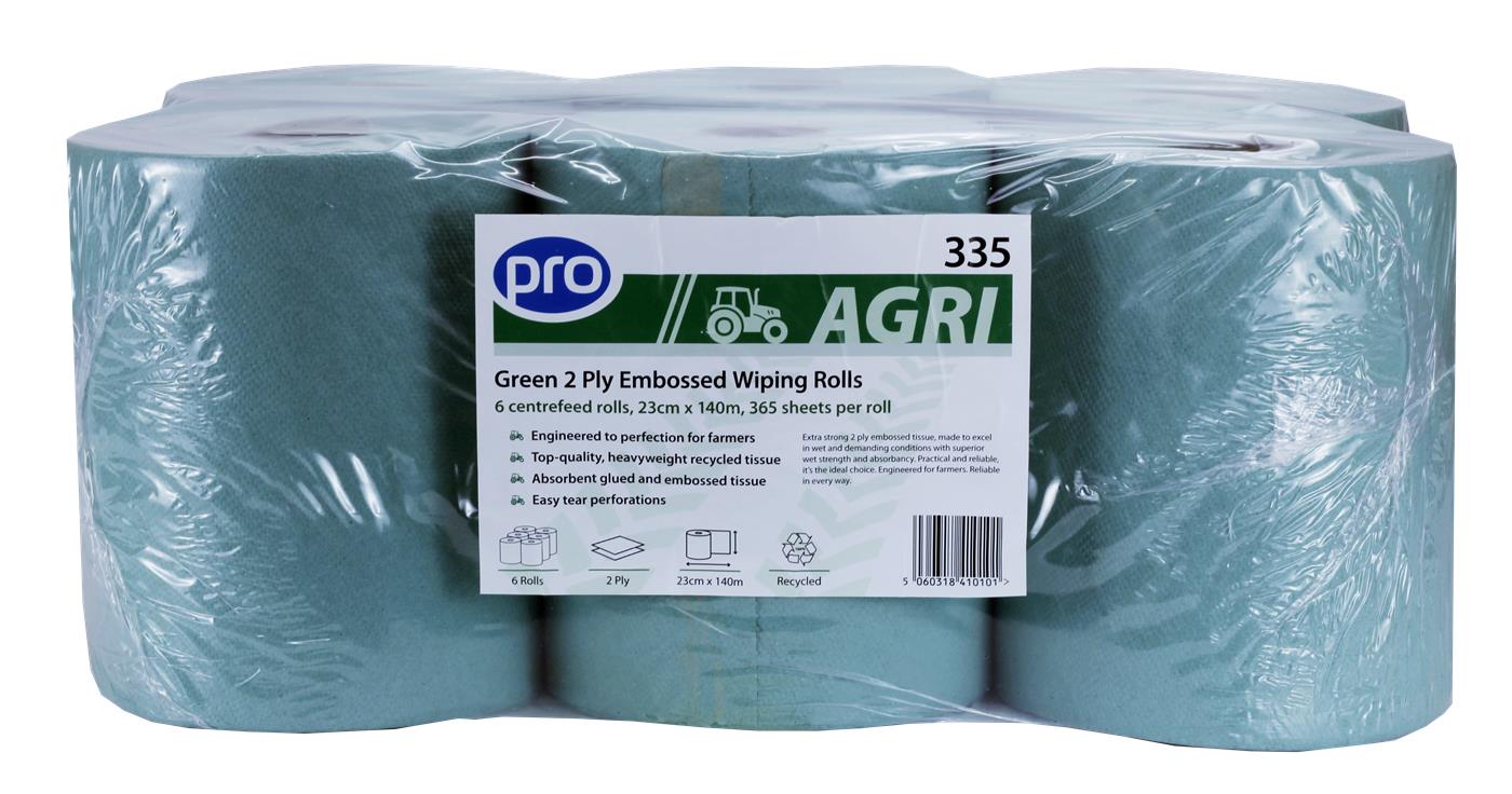 PRO AGRI 2 Ply Dairy Green Wipe Centrefeed Roll 23cm x 140m