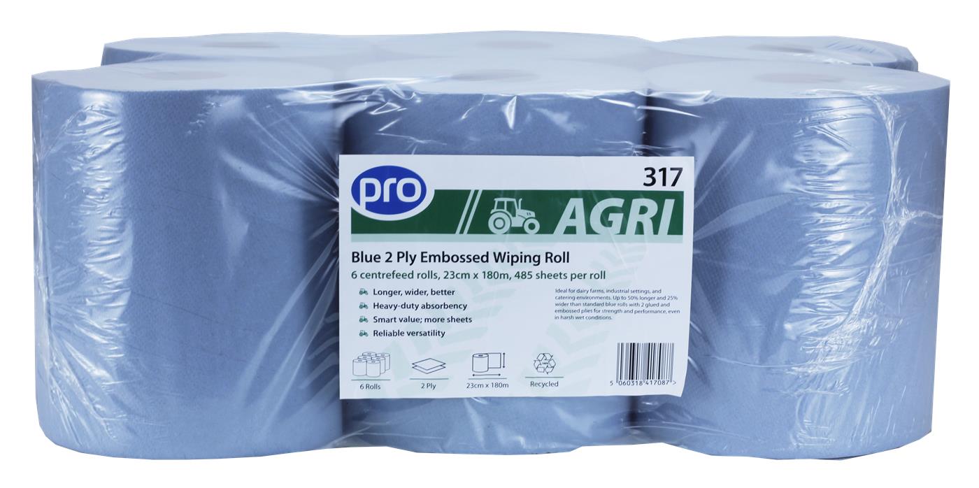 PRO AGRI 2 Ply Blue Dairy Wipe Centrefeed Roll 23cm x 180m