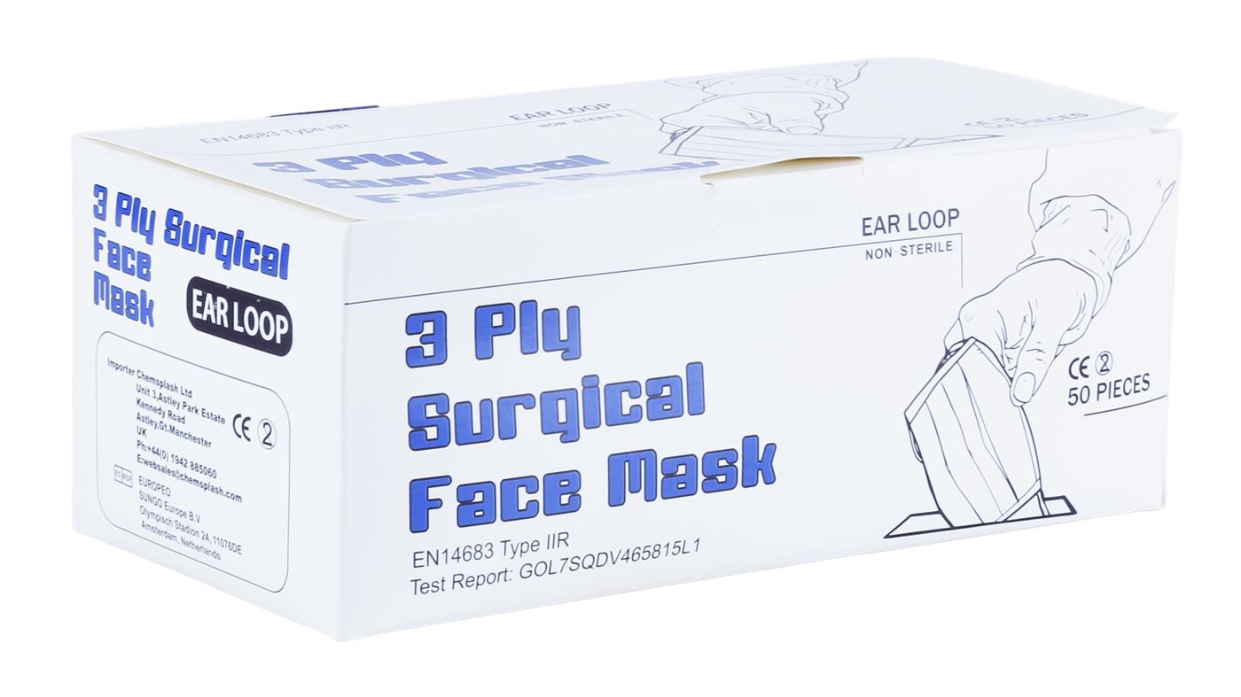 Fluid Resistant Ear Loop  Face Mask Type IIR White