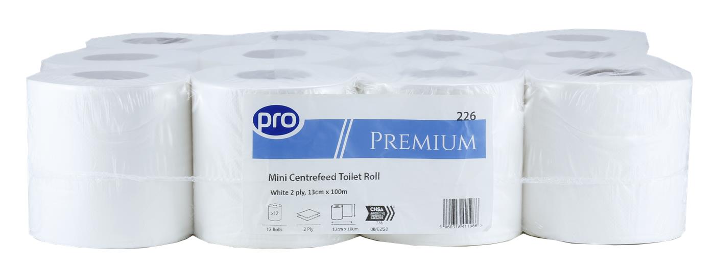 PRO Mini Centrefeed Toilet Rolls 13cm x 100m