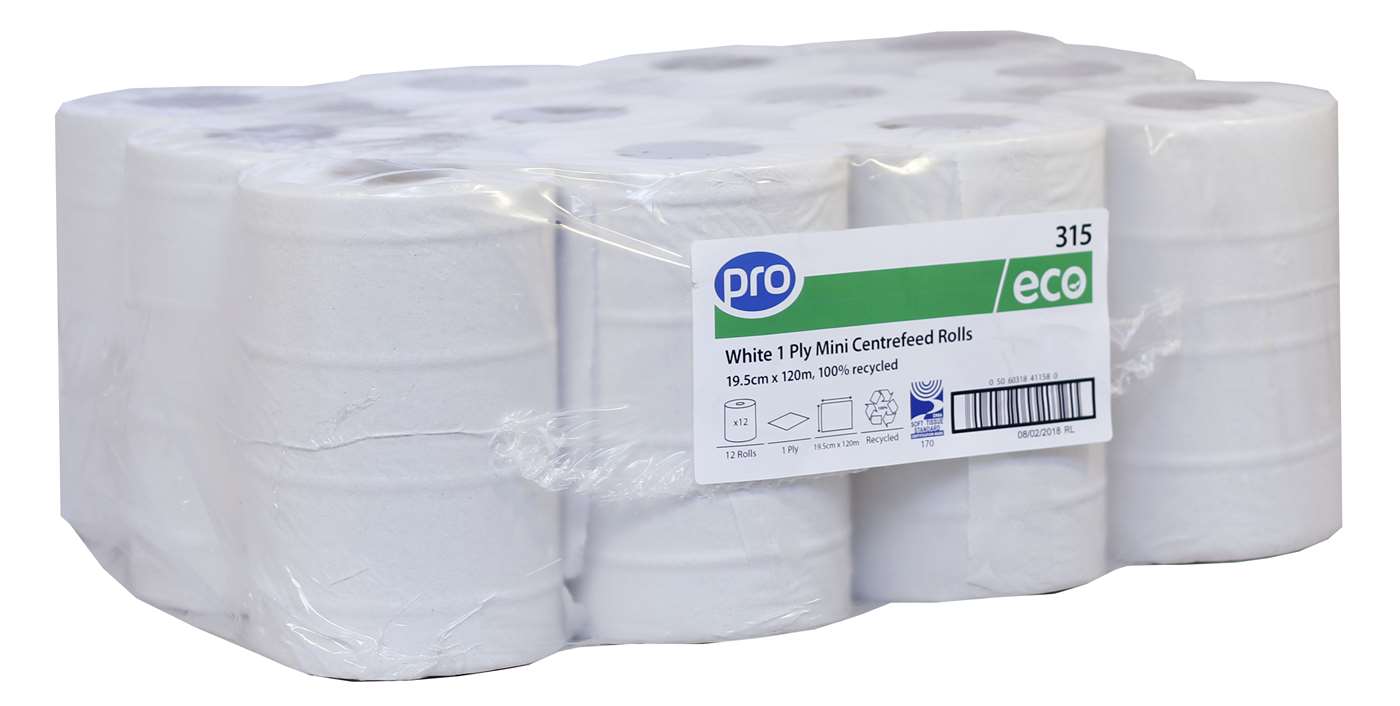 PRO White 1 Ply Mini Centrefeed Roll 19.5cm x 120m